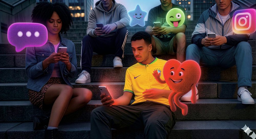 Social media: jovens em uma escada usando o celular, com mascotes 3D